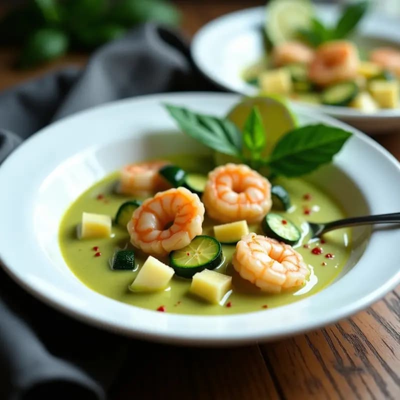 Cuenco hondo de cerámica blanca con curry verde tailandés cremoso, gambas rosadas, cubos de calabacín verde y decoración de cilantro fresco. Plato baja en calorías preparado en Thermomix.