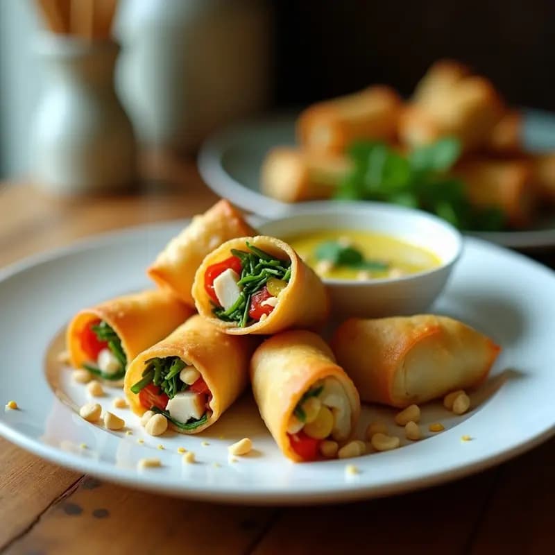 Rollitos de primavera dorados y crujientes rellenos de pollo y verduras, bañados en salsa de curry verde tailandés, servidos en plato blanco con hierbas frescas.