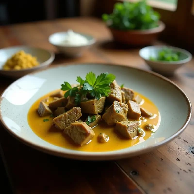 Wok humeante con curry verde tailandés de ternera en salsa cremosa, servido sobre arroz jasmine blanco. Acompañado de brotes de bambú, albahaca tailandesa fresca y rodajas de lima, con un fondo de especias y hierbas aromáticas.