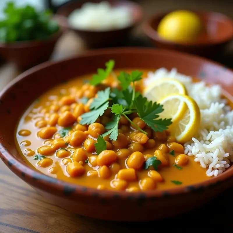 Plato hondo de barro con curry de lentejas rojas y azafrán, decorado con cilantro fresco y rodajas de limón, servido con arroz basmati.