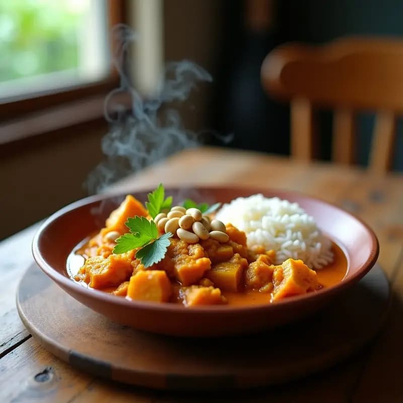 Plato hondo de barro con curry de jackfruit desmenuzado y coliflor en salsa espesa de curry rojo, decorado con cilantro fresco y anacardos tostados, servido con arroz basmati.