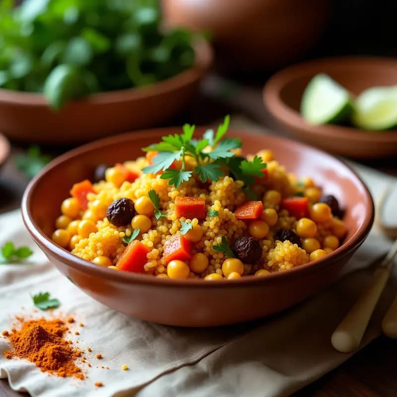 Plato hondo de barro con cus cus de coliflor dorado, especiado con curry marroquí, decorado con almendras tostadas, pasas rubias y cilantro fresco. Fondos de limón confitado y un toque de pimentón espolvoreado.