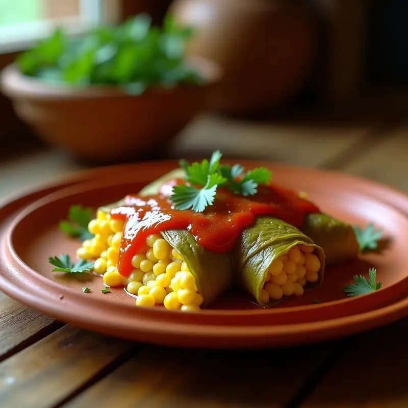 Plato de cuscular de maíz con queso campesino derretido y hogao, envuelto en hoja de bijao, servido en un plato rústico de barro con fondo de mesa de madera.