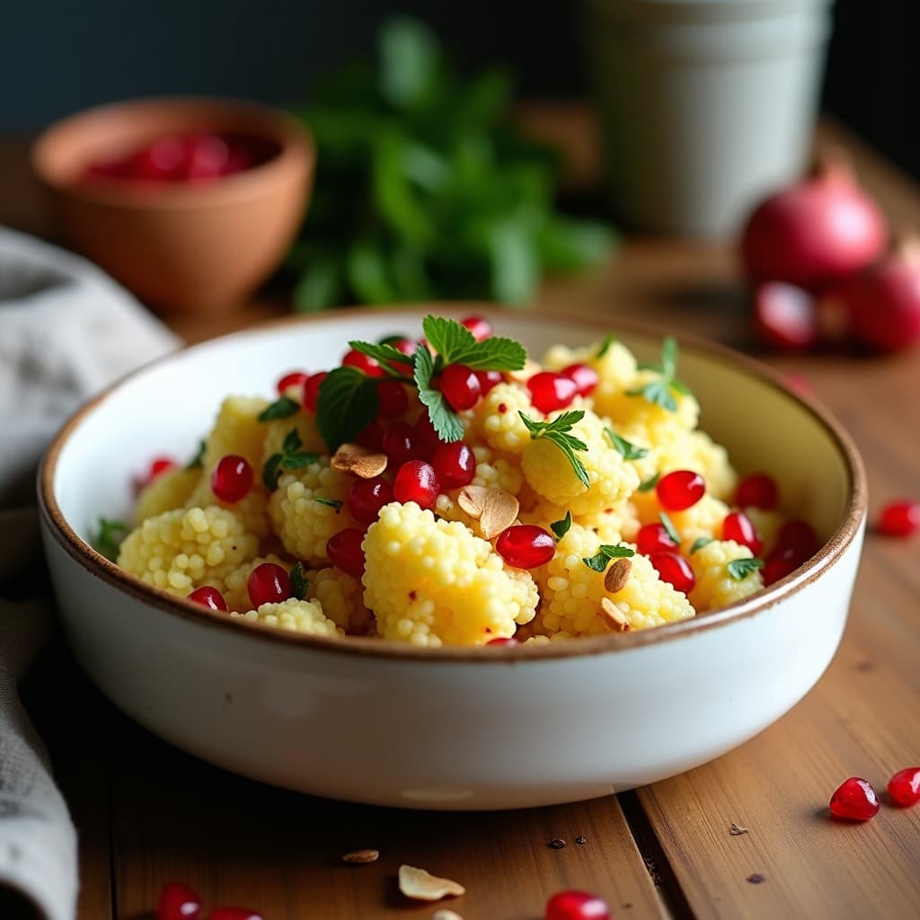 Bowl de Cuscús de Coliflor y Granados con Aliño de Sumac: Receta Türca Vegana y Sin Gluten