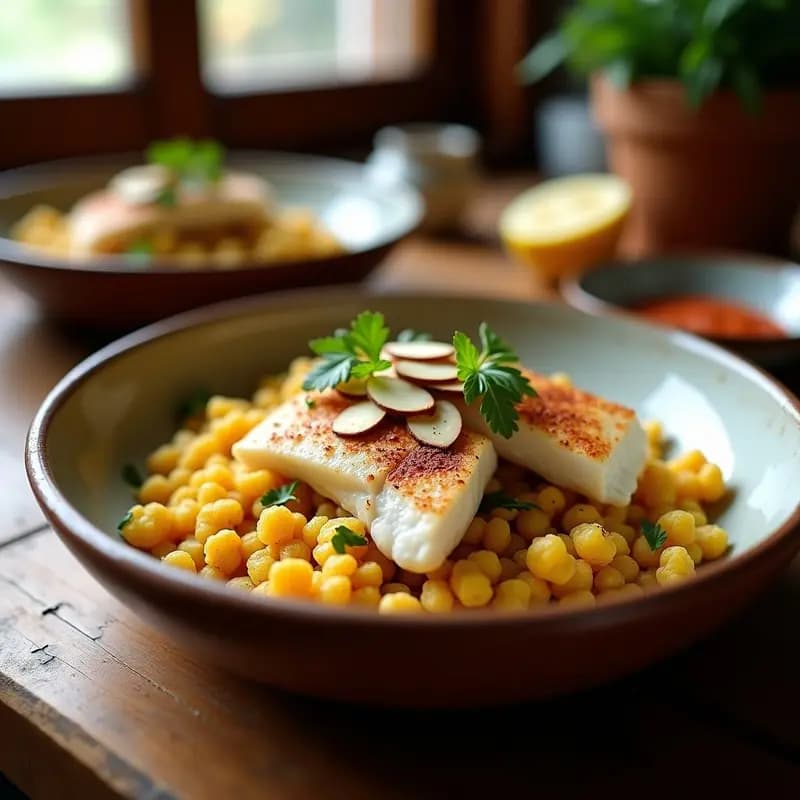 Bowl hondo de barro con cuscús de coliflor dorado, filetes de merluza desmenuzada, almendras tostadas y perejil fresco, espolvoreado con pimentón de la Vera. Receta española keto alta en proteínas.