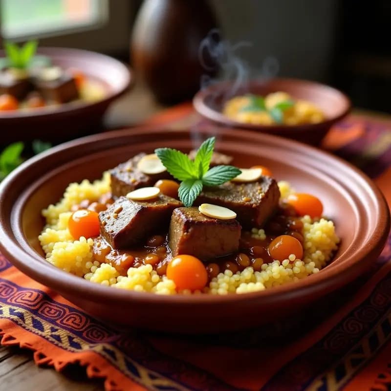Plato de barro tradicional marroquí con cuscús esponjoso, trozos de cordero tierno bañados en salsa especiada con albaricoques secos dorados y almendras fileteadas. Decorado con hojas de menta fresca y un toque de miel brillante.