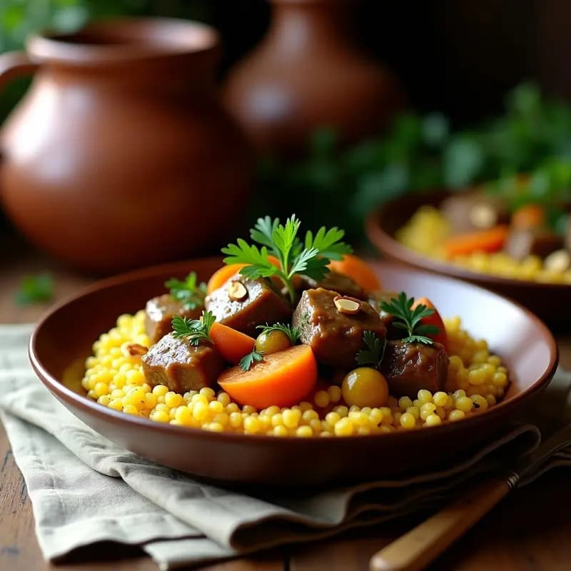 Plato tradicional israelí de cuscús de perlas doradas servido en un bol de cerámica, cubierto con estofado de cordero y verduras en salsa espesa, decorado con perejil fresco y menta. Receta de Seder con especias visibles.