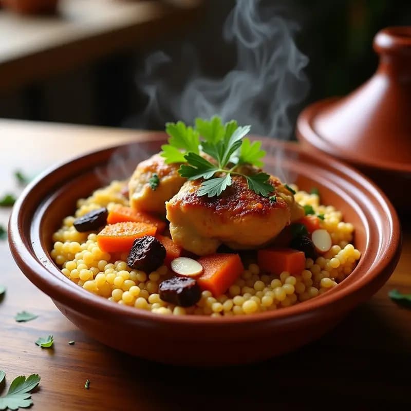Olla de barro tradicional con cuscús real esponjoso, muslos de pollo dorados al Ras el Hanout, zanahorias confitadas, pasas de higo y almendras tostadas, decorado con perejil fresco. Plato de cocina marroquí tradicional en una sola olla.
