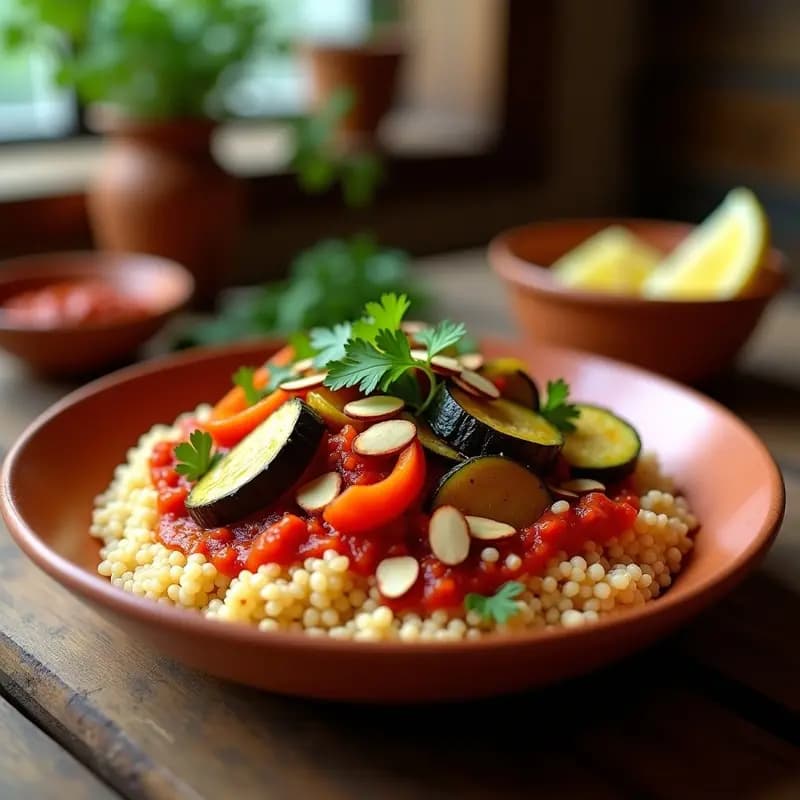 Plato hondo de barro con cuscús integral esponjoso, cubierto de verduras al harissa (calabacín, berenjena y pimiento rojo) en salsa especiada. Decorado con almendras tostadas, cilantro fresco y un hilo de aceite de oliva. Receta tunecina picante y alta en fibra.