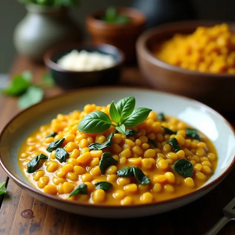 Plato hondo de barro con Dal Makhani vegano: lentejas urad dal negras estofadas en salsa cremosa de coco y espinacas, coronado con un hilo de crema de coco y hojas de cilantro fresco. Fondo rústico con especias indias y pan naan al lado.