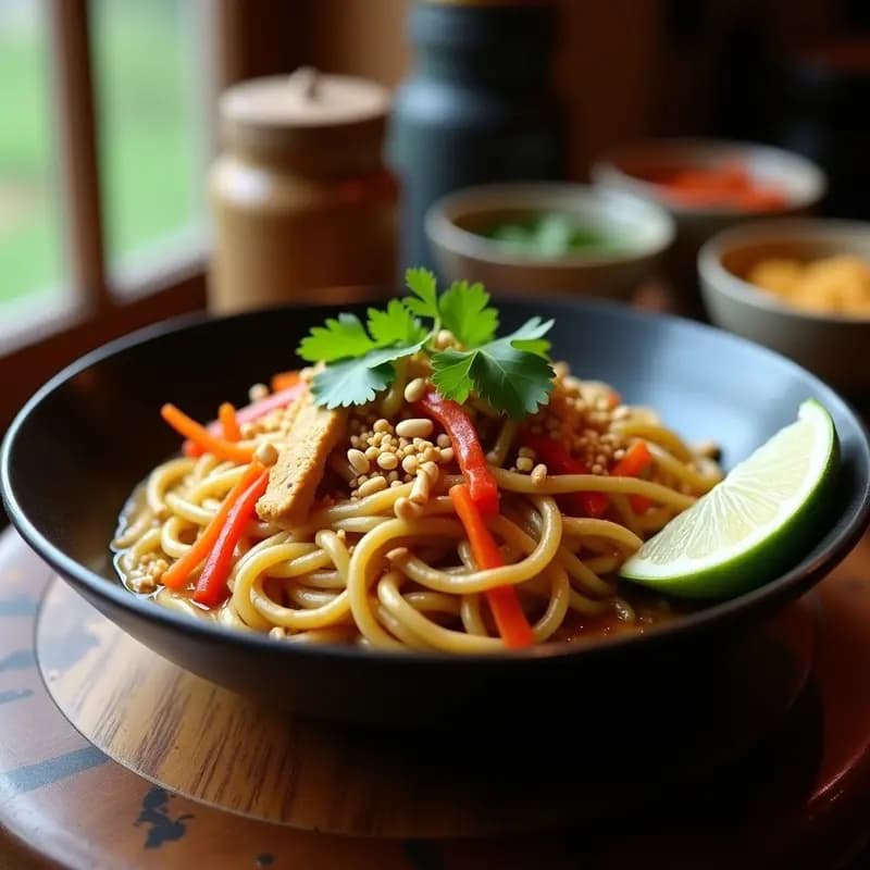 Plato hondo de cerámica blanca con Dann Dann Noodles birmanos, fideos egg noodles bañados en salsa de cacahuete cremosa, trozos de pollo dorado, zanahoria, pimiento rojo y decorado con cilantro fresco y cacahuetes picados.