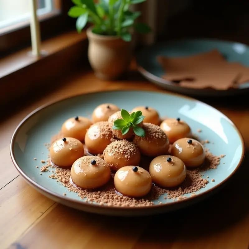 Plato blanco con 8 bolitas de dango japonés de avena y cacao, de color marrón oscuro y textura esponjosa, dispuestas en círculo. Al fondo, un bol pequeño con cacao en polvo y una taza de té verde. Receta sin gluten y sin azúcar.