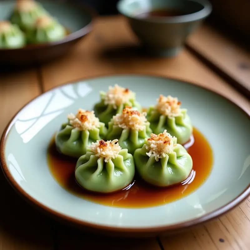 Brochetas de dango japonés de matcha y coco al vapor, bolitas esponjosas de color verde claro con vetas de coco, bañadas en salsa de soja dulce brillante y espolvoreadas con semillas de sésamo tostadas, servidas en plato de cerámica negra tradicional.