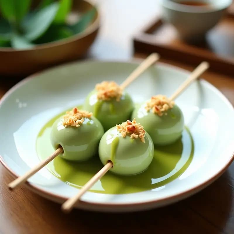 Brocheta de tres dango japoneses de color verde claro por el matcha, bañados en salsa cremosa de té verde y pasta de judías rojas, espolvoreados con coco rallado tostado dorado. Plato de cerámica blanca con fondo de hojas de bambú.