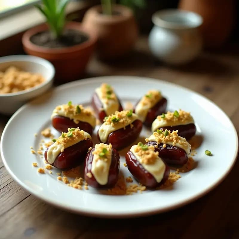 Dátiles Medjool abiertos rellenos de una crema de queso de albaricoque y nueces, cubiertos con coco rallado y pistachos picados, servidos en un plato de cerámica blanca con detalles árabes y un hilo de miel dorada.