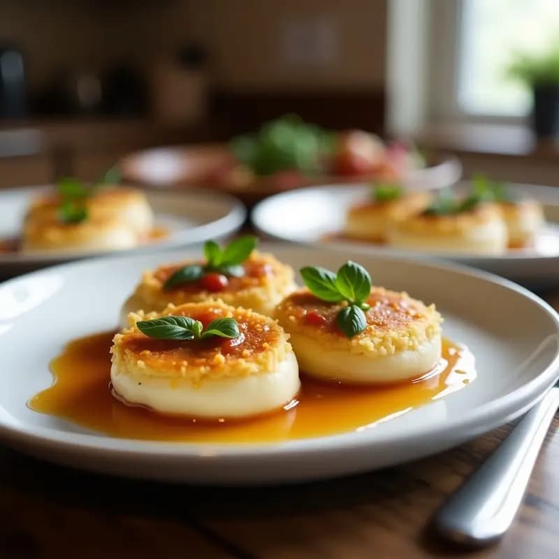 Deditos de mozzarella empanizados dorados y crujientes sobre papel absorbente, acompañados de un bol pequeño con salsa de Marmite y miel de color oscuro. Plato rústico de fondo con textura de madera.