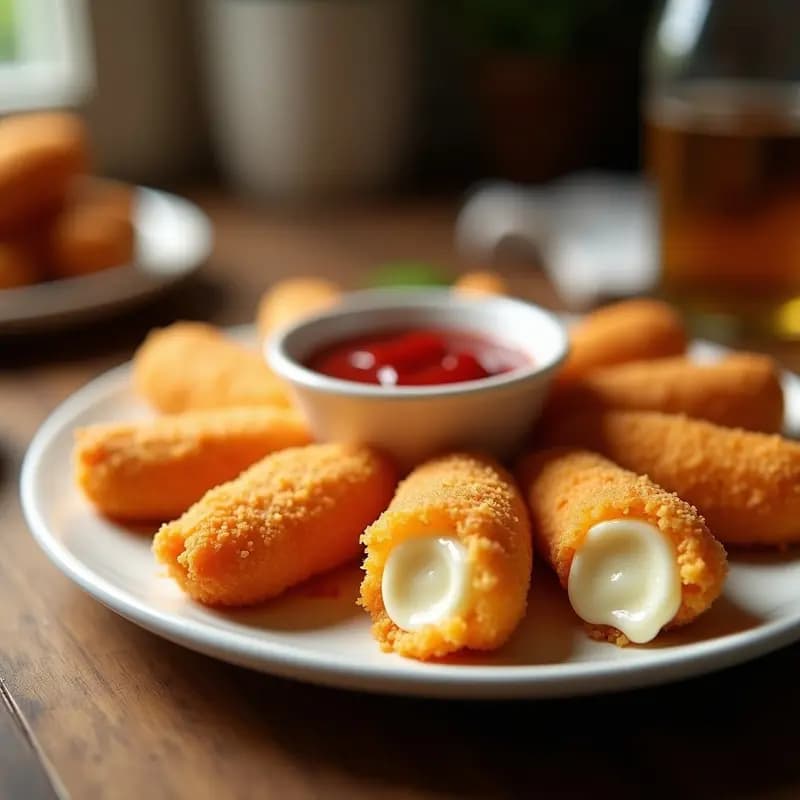Plato blanco con deditos de mozzarella empanizados dorados y crujientes, servidos con un bol de salsa brillante de mermelada de frambuesa y chili, sobre fondo rústico de madera.