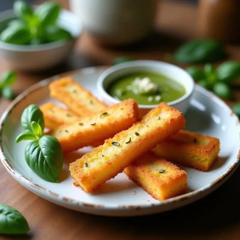 Dedos de queso halloumi dorados y crujientes servidos en un plato blanco con pesto de albahaca verde brillante a un lado, aperitivo en airfryer con toque italiano.