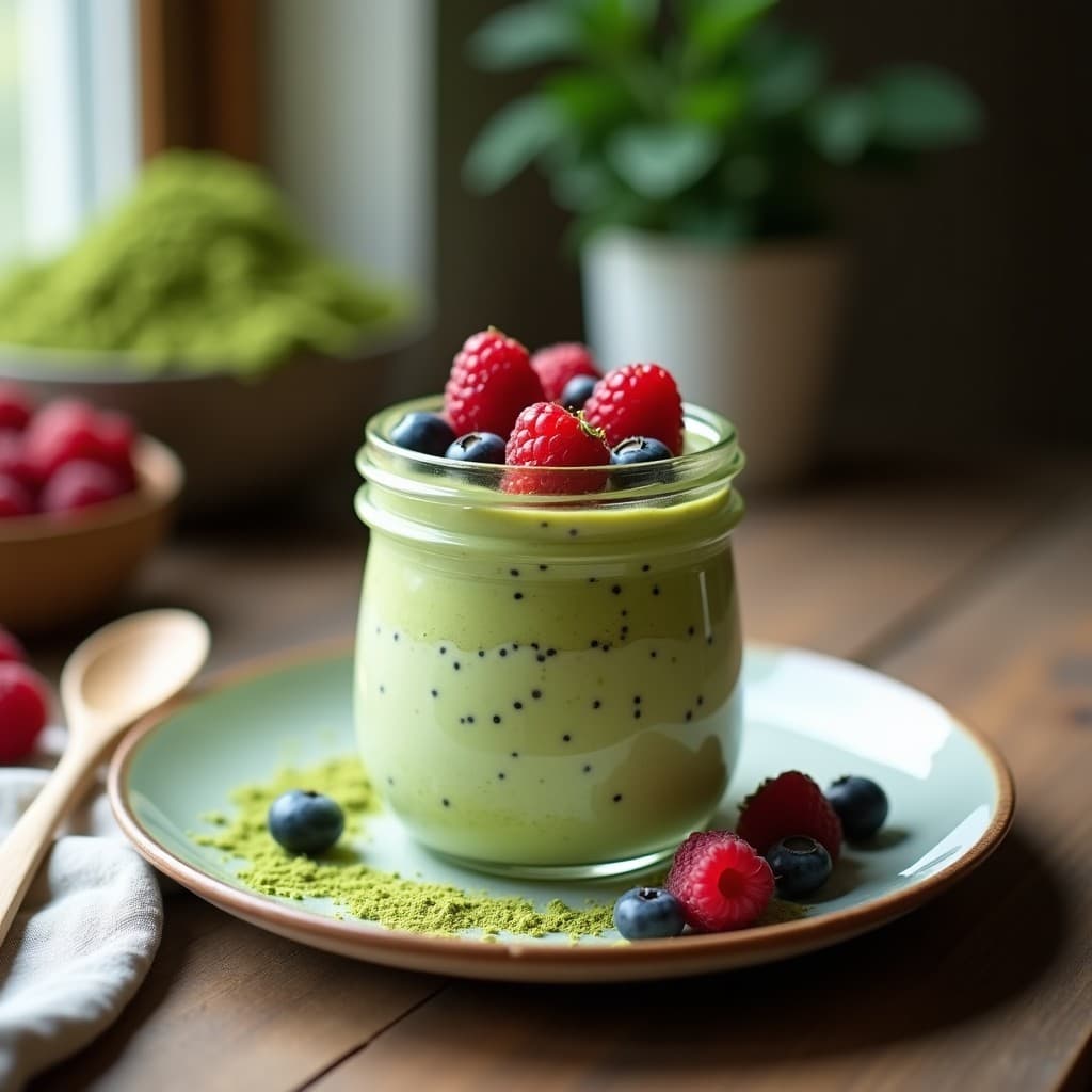 Pudding de chía y matcha en tarro de cristal transparente, con capas visibles de semillas de chía, leche de almendras y frutos rojos frescos (fresas, arándanos y frambuesas) en la superficie. Fondo rústico con cuchara de madera y espolvoreado de matcha en polvo.