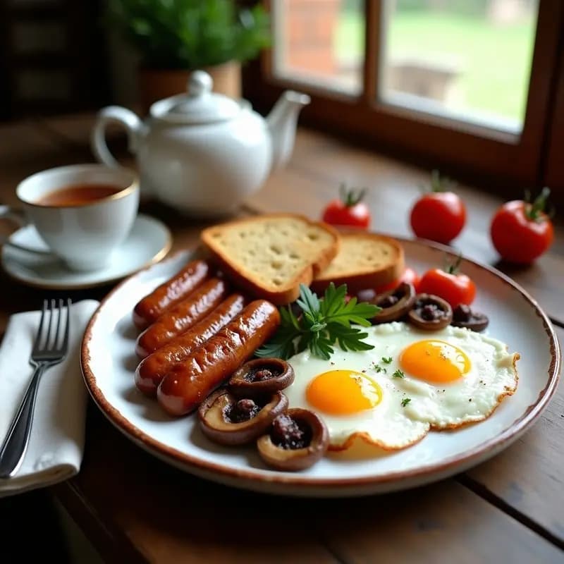 Plato de desayuno inglés completo con huevos pochados, salchichas de cerdo ibérico doradas, hongos portobello asados, tomates cherry y espinacas salteadas sobre pan integral tostado, decorado con romero fresco.