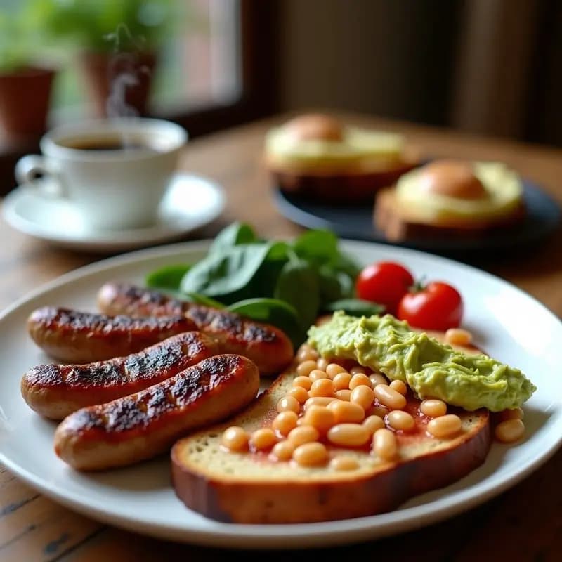 Plato hondo de cerámica blanca con desayuno inglés vegano completo: salchichas de seitán doradas, champiñones portobello asados, judías al tomate, tostadas de pan de centeno con aguacate y tomates cherry. Decorado con espinacas frescas y pimienta negra.