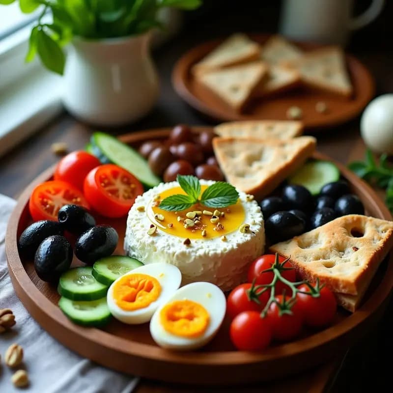 Tabla de madera rústica con desayuno turco: queso Beyaz Peynir en trozos, aceitunas Kalamata, tomates perla, pepino en rodajas, huevos cocidos cortados, pan pita tostado, hierbas frescas y pimentón espolvoreado. Receta saludable y mediterránea.