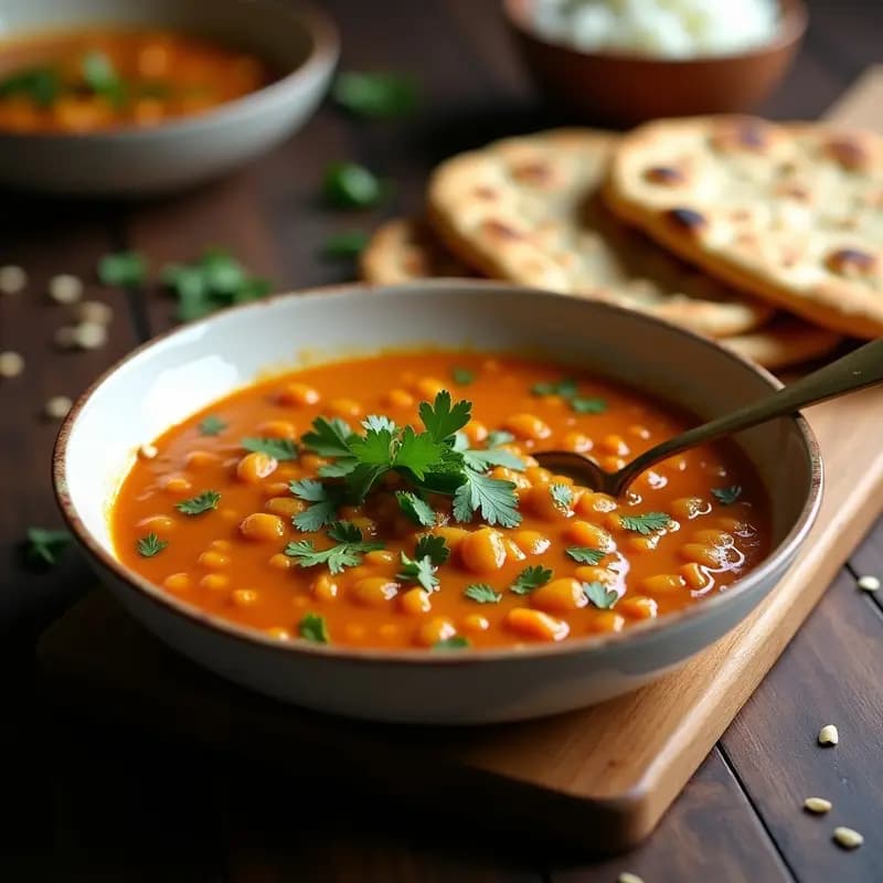 Bowl hondo de cerámica blanca con Dhal Nepalí Vegano de lentejas corail y espinacas, espolvoreado con cilantro fresco y semillas de sésamo, acompañado de pan naan integral tostado. Plato colorido con tonos naranjas, verdes y amarillos, típico de la cocina nepalí.