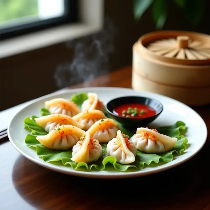 Plato blanco con dim sum de camarones y cebollino al vapor, dispuestos en círculo sobre hoja de lechuga. Salsa de chili oil brillante en un recipiente pequeño a un lado, con copos de chile y cebollino picado como decoración. Fondo borroso con vaporera de bambú y utensilios chinos.