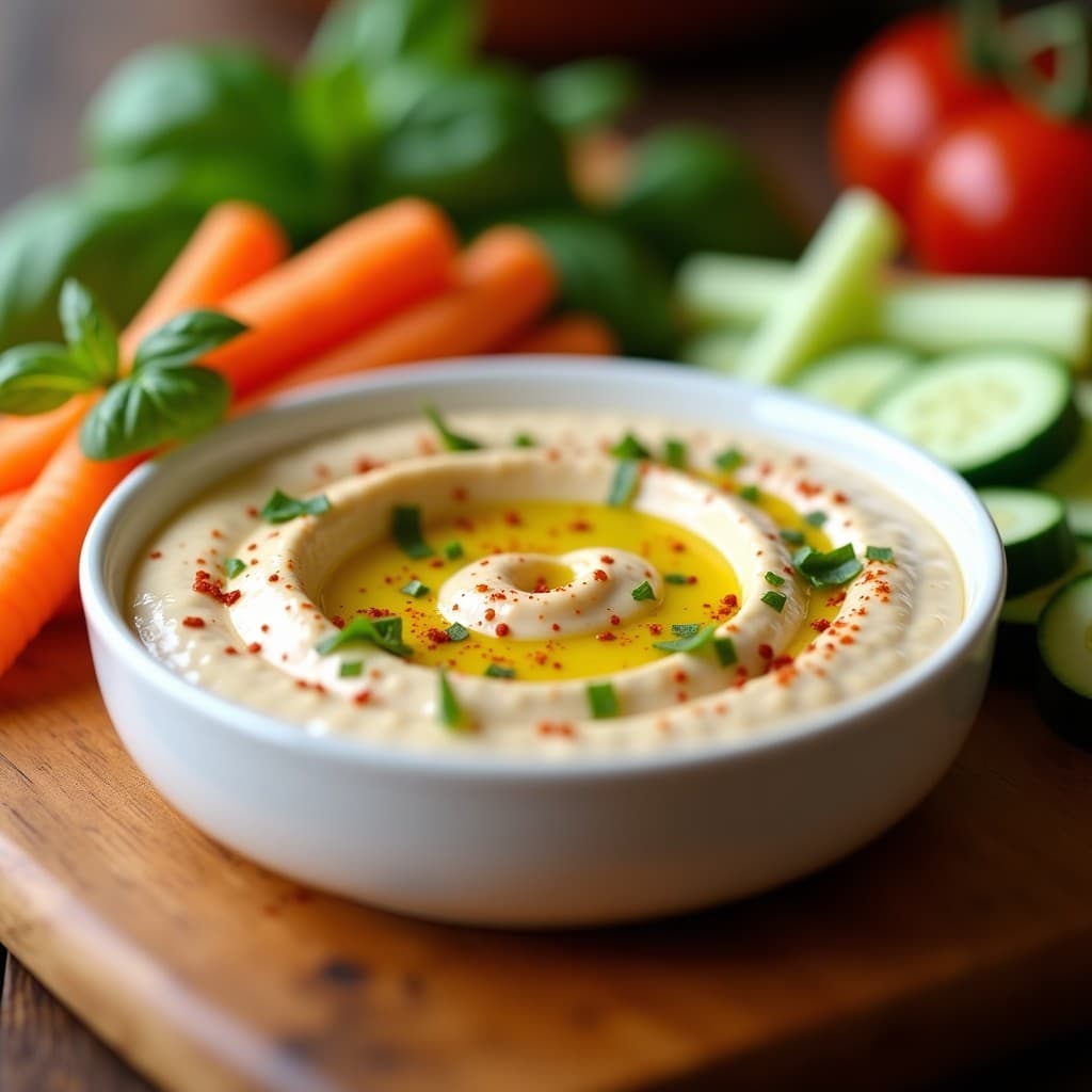 Bol de cerámica blanca con dip cremoso de anacardos y tomate seco, decorado con aceite de albahaca y pimentón, acompañado de crudités de zanahoria y apio sobre una tabla de madera rústica.