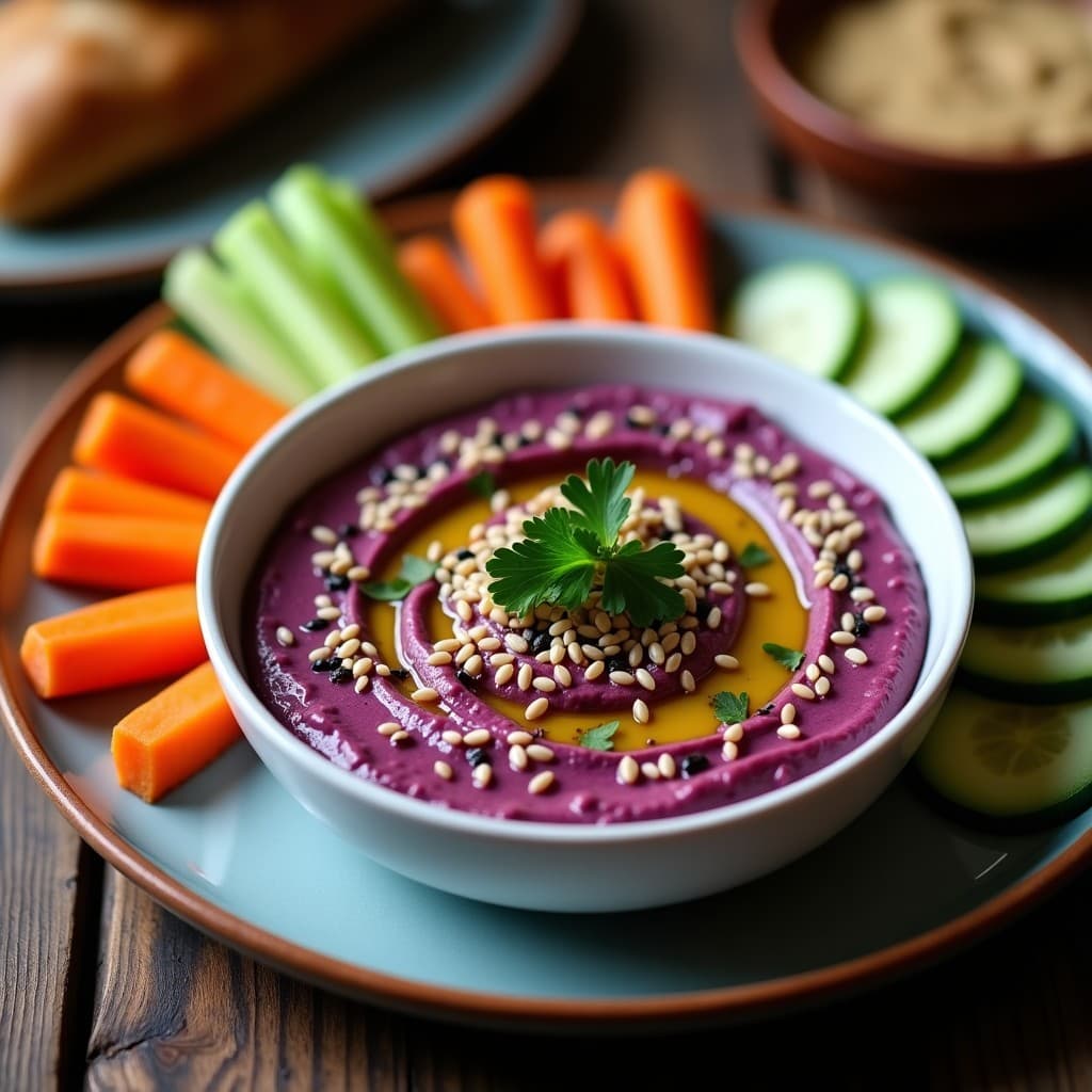 Bol de cerámica blanca con dip de batata morada y tahini, de color púrpura intenso, coronado con crujiente de sésamo blanco y negro. Acompañado de pan de pita tostado y crudités de zanahoria y apio. Foto en plano cenital con fondo rústico de madera.