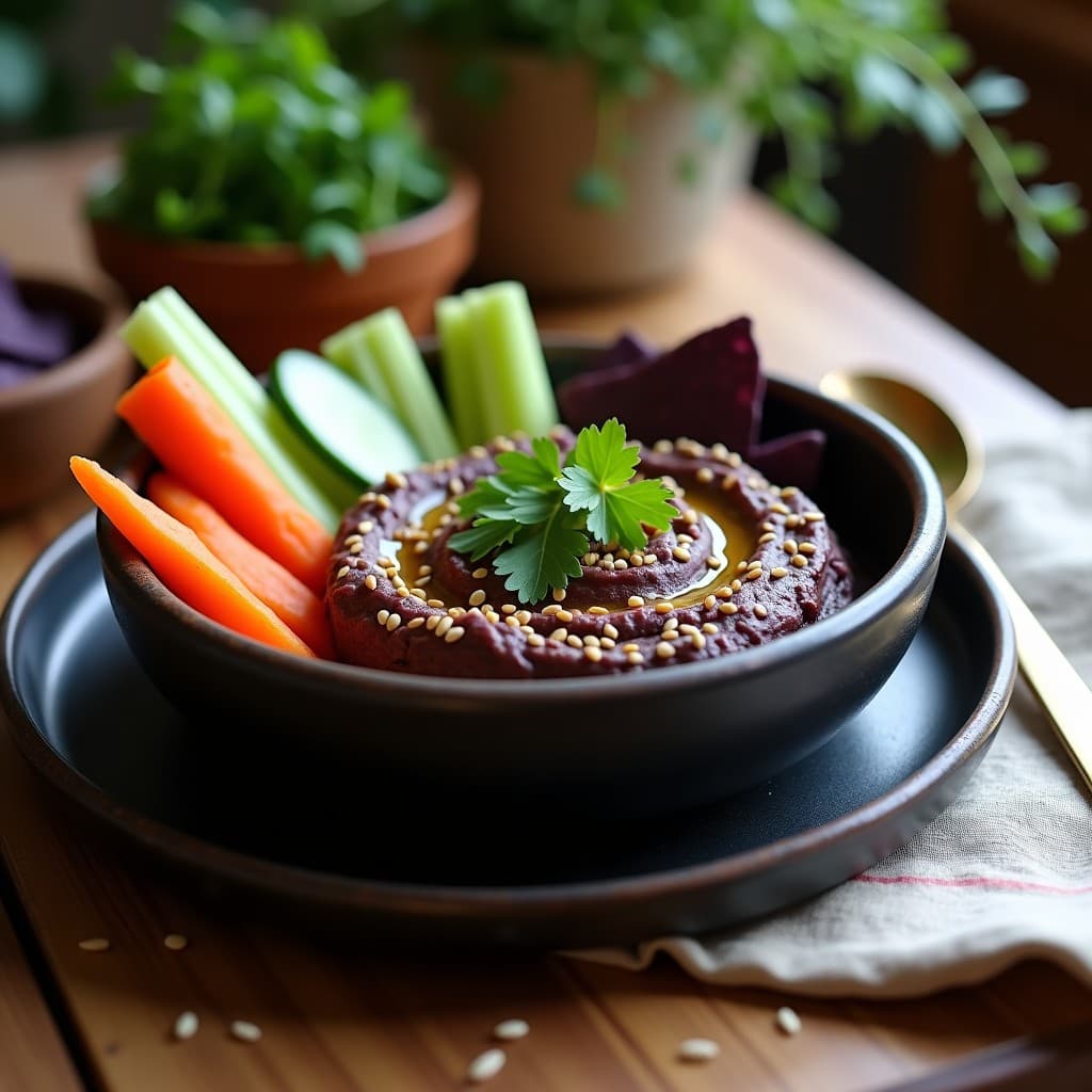 Bol de cerámica negra con dip de berenjena ahumada y huacatay, decorado con semillas de sésamo y hojas de cilantro. Rodeado de bastones de apio, zanahoria y pan de maíz tostado. Receta peruana en Thermomix.