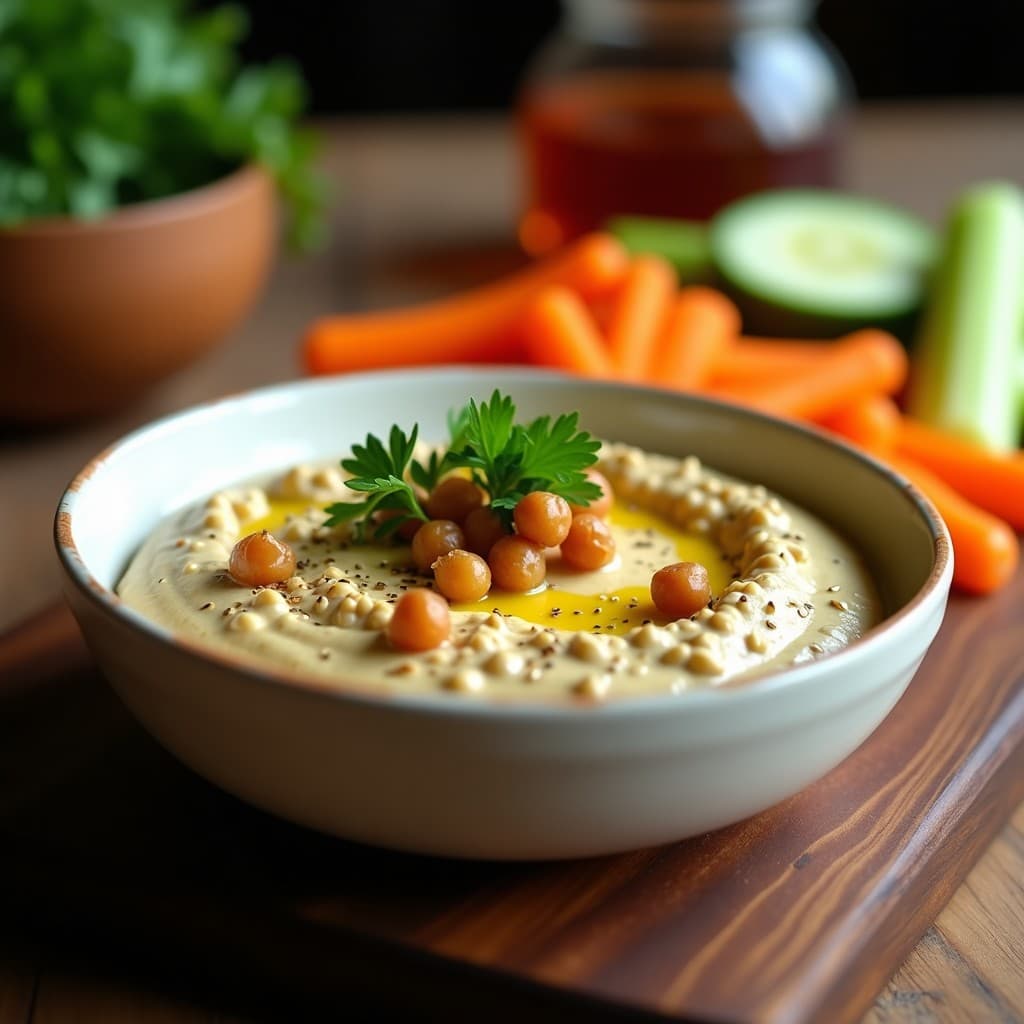 Bol de cerámica blanca con dip de garbanzos asados y ajo negro, cremoso y decorado con pimentón de la Vera, perejil fresco y un hilo de aceite de oliva. Acompañado de bastones de zanahoria, apio y crackers de semillas sobre una tabla de madera rústica.