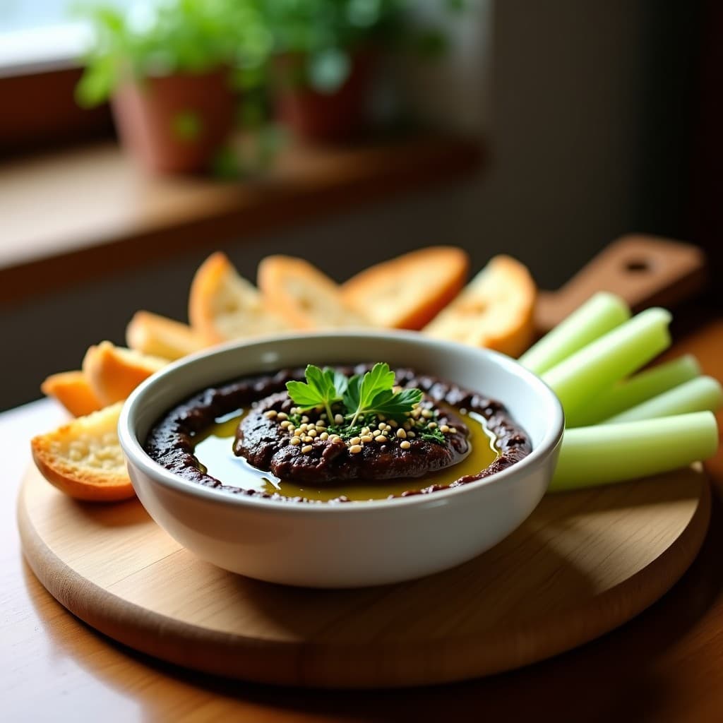 Bol de cerámica blanca con dip de garbanzos negros cremoso, decorado con hilo de aceite de oliva picual, perejil fresco y semillas de sésamo. Acompañado de rodajas de pan de almendra tostado y bastones de apio. Receta keto española de aperitivo.