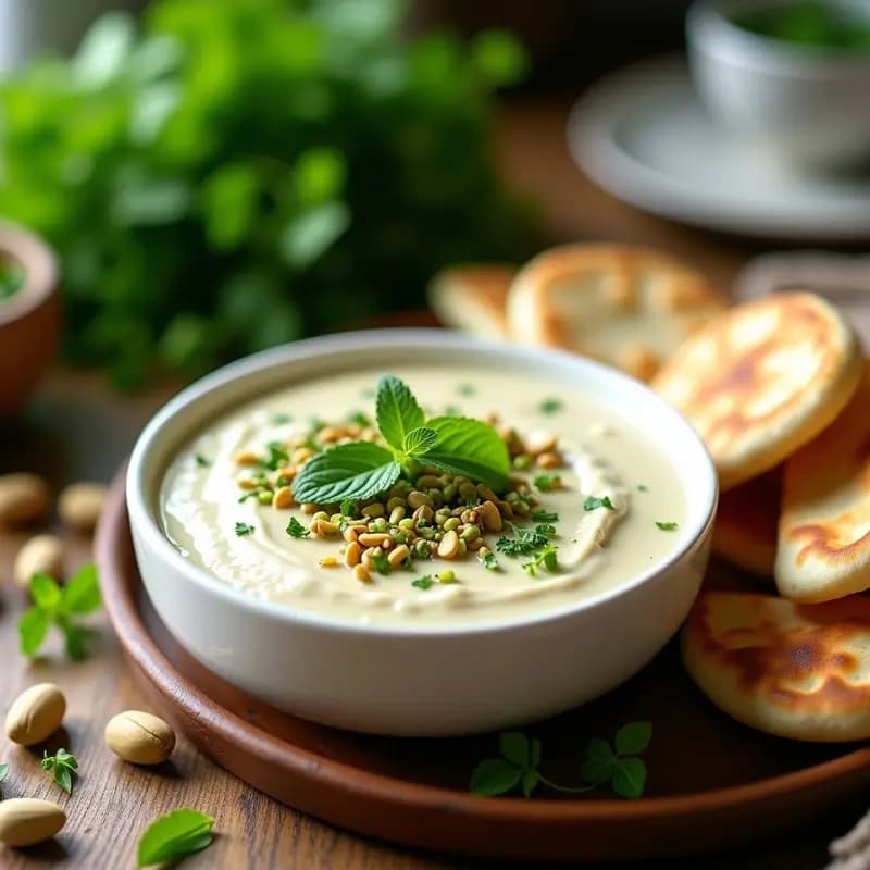 Bol de cerámica blanca con dip cremoso de yogur de soja y hierbas frescas, rodeado de triángulos dorados de pan de pita integral espolvoreados con semillas de sésamo negro. Decorado con hojas de menta y un hilo de aceite de oliva.