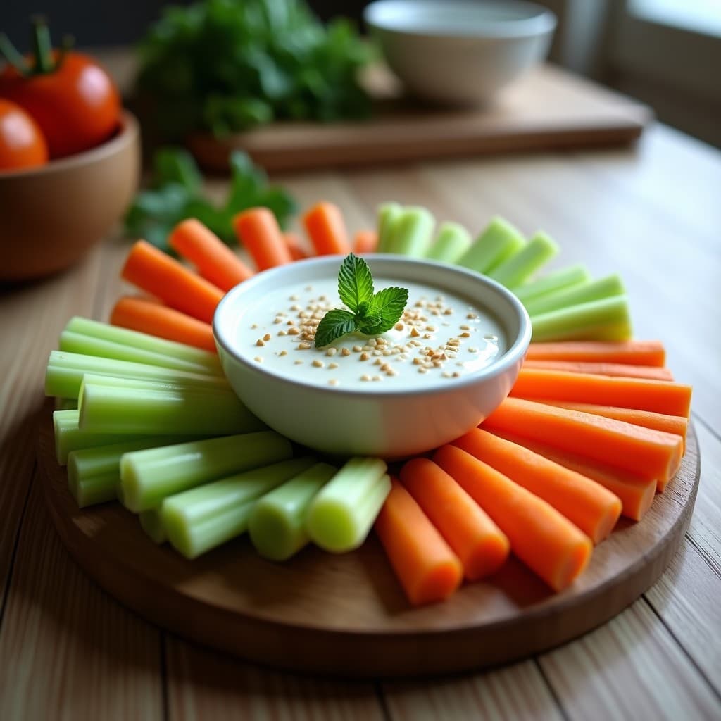 Cuenco blanco con dip de yogur de soja y menta, espolvoreado con semillas de sésamo, acompañado de bastones de apio y zanahoria frescos sobre una tabla de madera rústica. Receta de aperitivo sin lactosa.