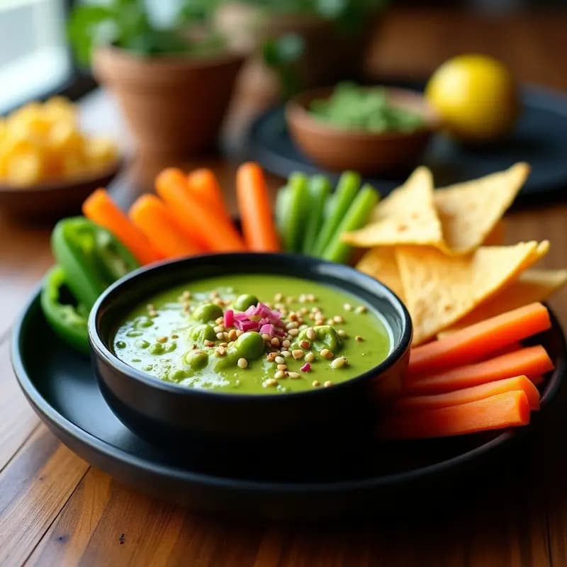 Bol negro de cerámica con dip de guacamole de edamame y limón, de color verde vibrante, decorado con semillas de sésamo y cebolla morada picada. Acompañado de bastones de zanahoria, pimiento verde y totopos de maíz sobre una mesa de madera rústica.