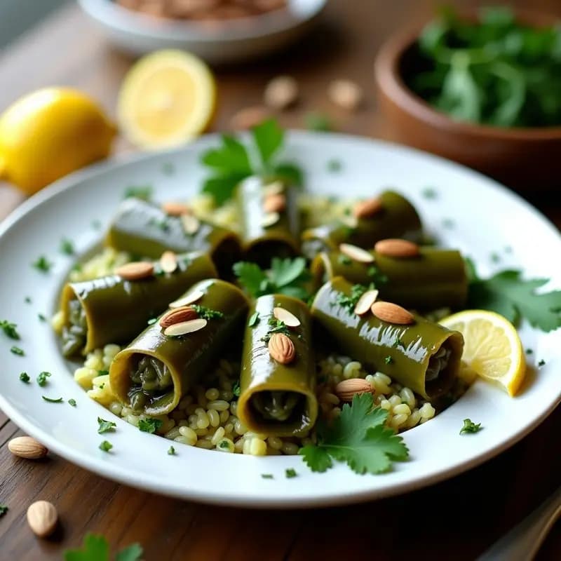 Plato de porcelana blanca con dolma de hojas de parra rellenas de arroz y hierbas armenias, decoradas con almendras tostadas y perejil fresco. Receta tradicional armenia en 1 hora.