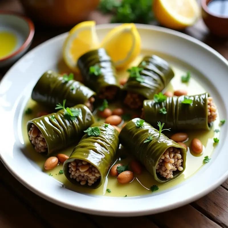 Plato de dolma griega tradicional con hojas de parra rellenas de arroz integral y piñones tostados, servidos en una fuente de barro rústica con hierbas frescas y gajos de limón.