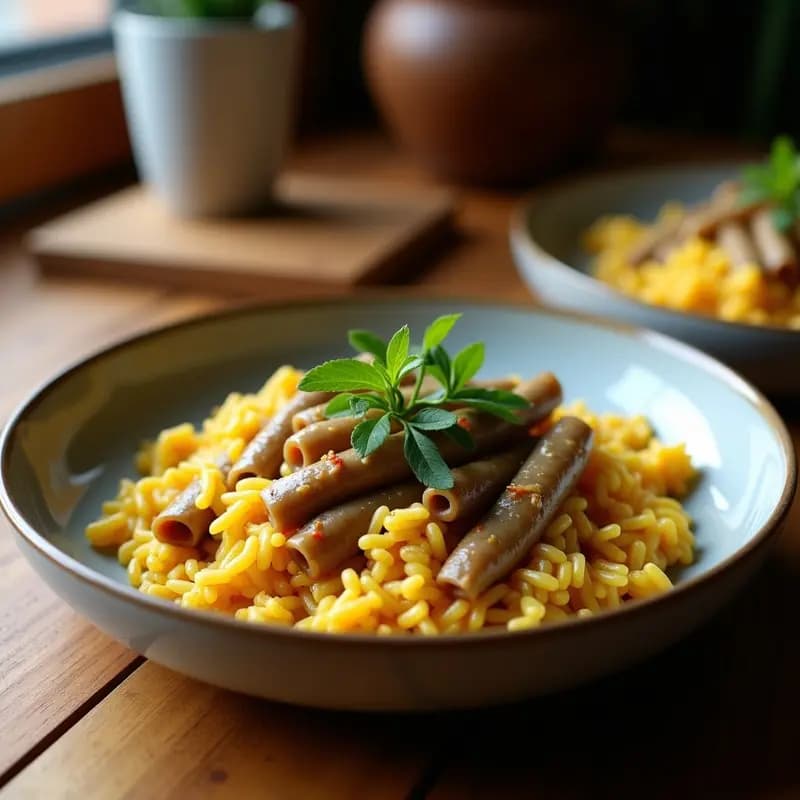 Plato blanco rústico con dolma armenio de hojas de parra rellenas de arroz rescatado, decoradas con limón confitado picado y perejil fresco. Las hojas tienen un verde intenso y brillante, con vetas visibles. Al fondo, un bol pequeño con salsa de yogur y menta.