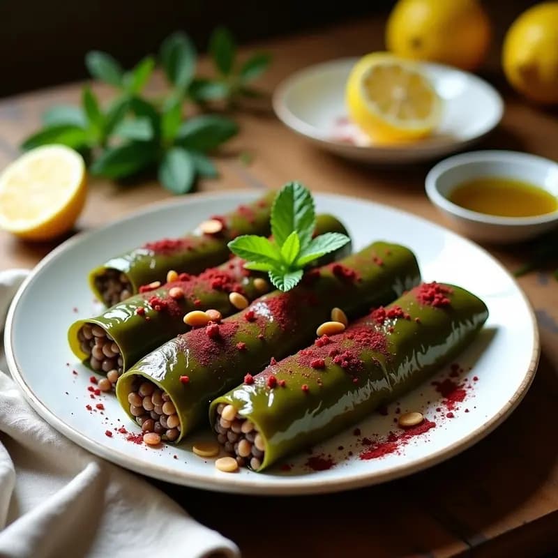 Plato de porcelana blanca con dolma armenio vegano: rollos de hojas de parra rellenos de lentejas pardinas, almendras y hierbas, decorados con sumac y menta fresca. Fondo de madera rústica y limones cortados.