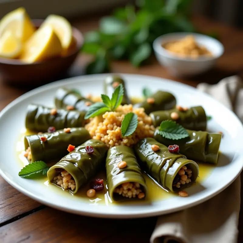 Plato de porcelana blanca con dolmades de hoja de vid rellenos de arroz basmati y piñones, decorados con perejil fresco y un hilo de aceite de oliva, sobre fondo rústico de madera con hierbas provenzales esparcidas.