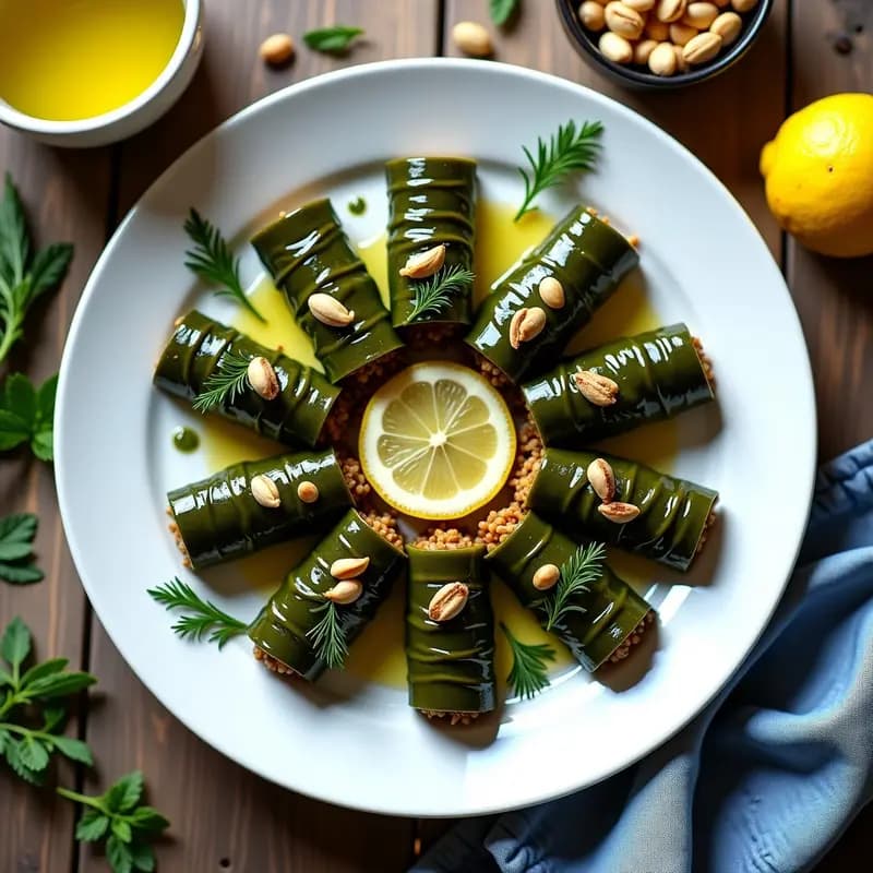 Plato blanco con dolmades de hojas de parra rellenos de arroz salvaje y piñones, decorados con eneldo fresco y rodajas de limón, sobre fondo rústico de madera. Entrante griego vegano y sin lactosa.