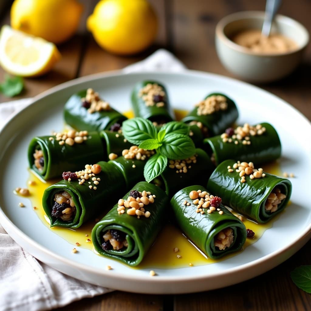 Plato blanco con dolmades de col rizada con arroz salvaje y pasas griegas veganas, decorados con menta fresca y un chorrito de aceite de oliva, servidos sobre hojas de col.