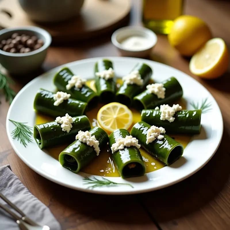 Plato blanco con dolmades de espinaca y queso feta recién hechos, enrollados en hojas de parra, con un toque de eneldo fresco y rodajas de limón al lado, receta griega sin carne en olla exprés.