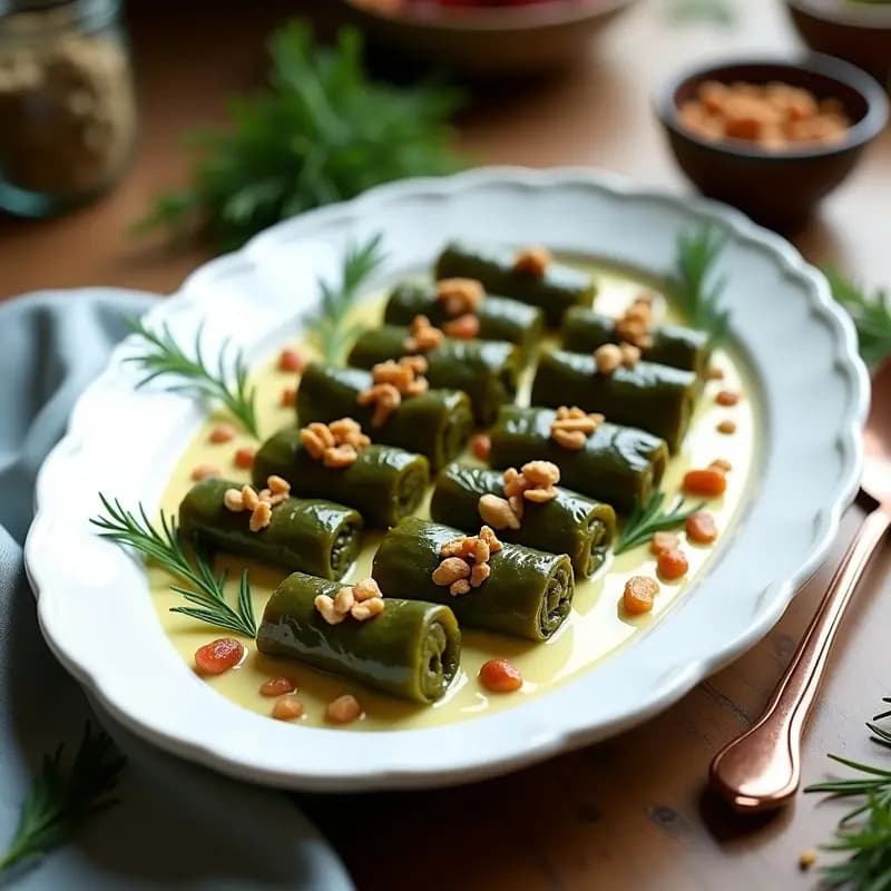 Plato blanco ovalado con dolmades de hinojo y dátiles en hojas de parra, servidos con salsa de yogur cremosa y decorados con eneldo fresco. Receta griega vegana dulce-salada.