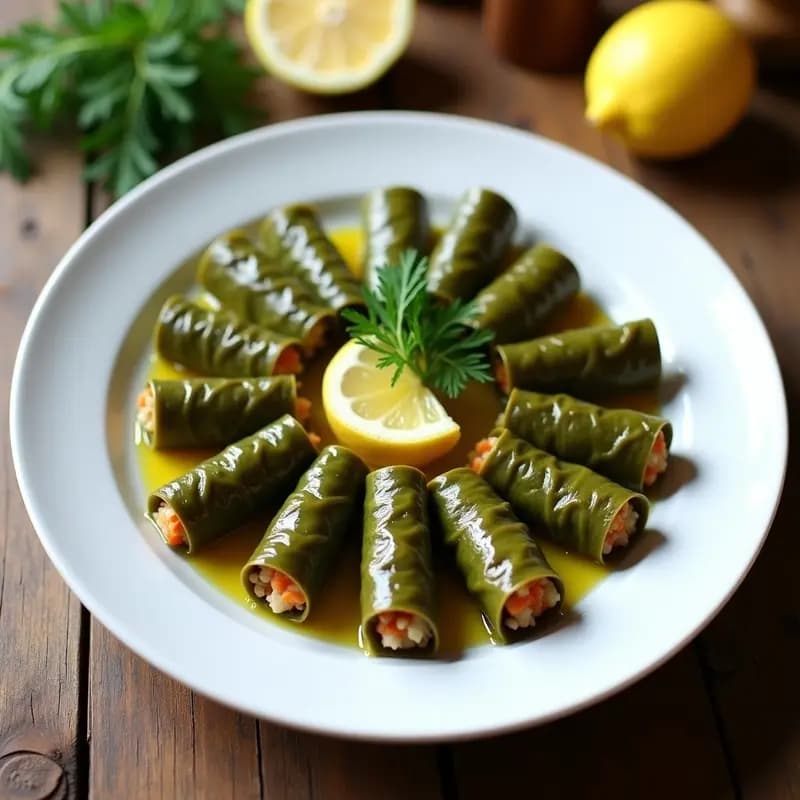 Plato blanco ovalado con dolmades griegos de hojas de parra rellenas de arroz basmati, zanahoria y hinojo, decorados con rodajas de limón y eneldo fresco. Entrante vegetariano tradicional griego.
