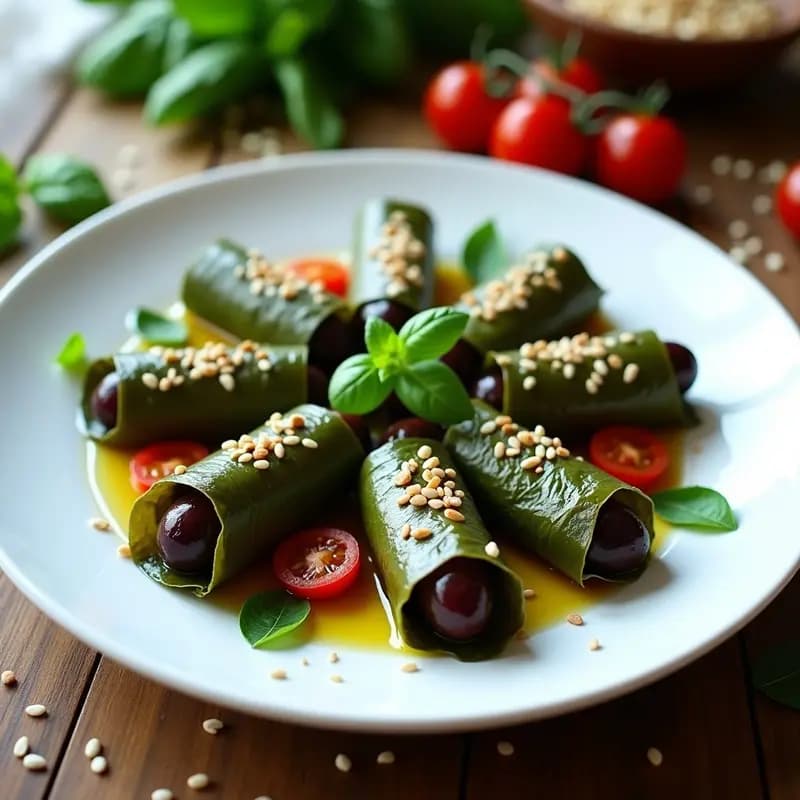 Plato blanco con dolmades de hojas de parra y rice paper rellenos de aceitunas Kalamata, tomates secos y hierbas frescas, servidos con semillas de sésamo y un chorrito de aceite de oliva.