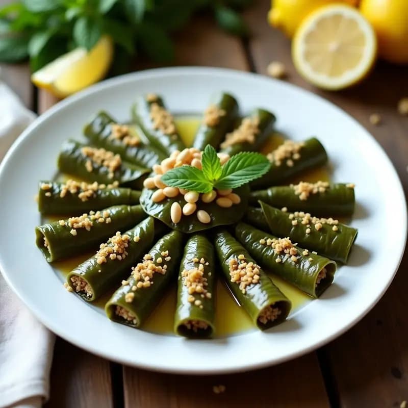 Plato blanco con dolmades de hojas de parra rellenas de quinoa y piñones, decorados con hierbas frescas y un chorrito de aceite de oliva, sobre fondo rústico de madera.