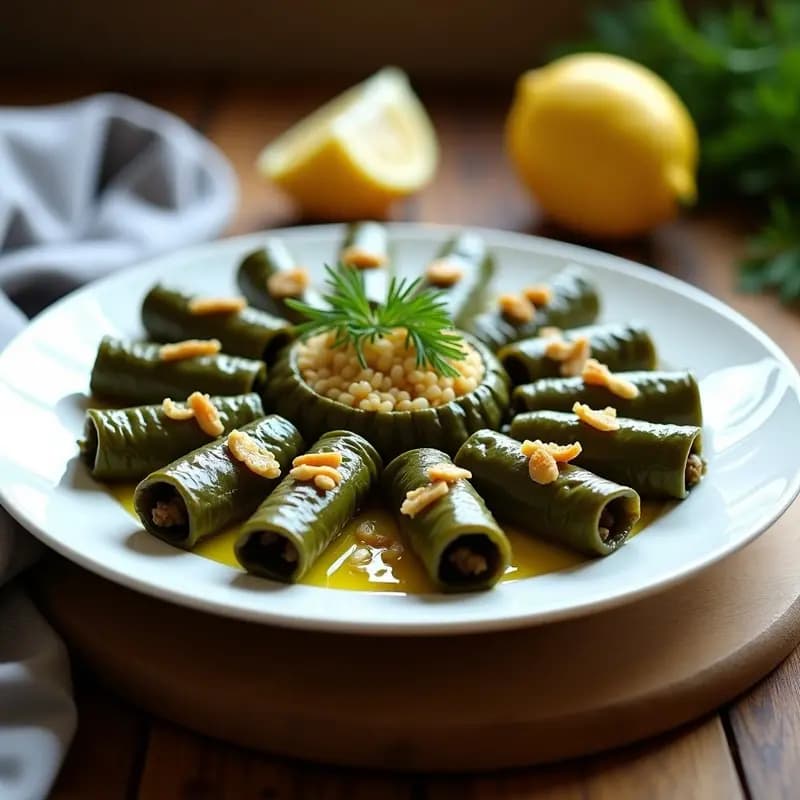 Plato blanco con dolmades griegos de uva y pino veganos, enrollados en hojas de uva verde, acompañados de piñones tostados y hierbas frescas. Receta sin gluten y alta en proteína.