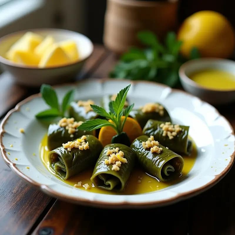 Dolmades de vino y arroz basmati servidos en plato blanco rústico, con hojas de parra enrolladas perfectamente, brillantes por el aceite de oliva y decorados con ralladura de limón y eneldo fresco. Aperitivo griego con toque ácido y elegante.
